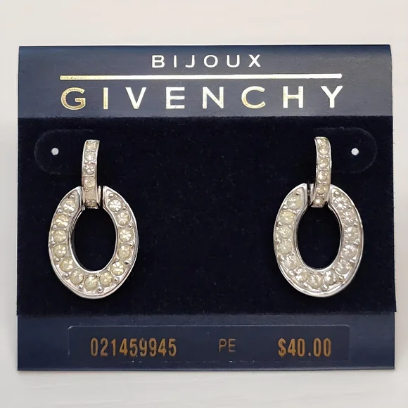 Vintage Bijoux GIVENCHY Silver tone Open Circle Pave Drop Earrings POST BACK NOS - Picture 1 of 6
